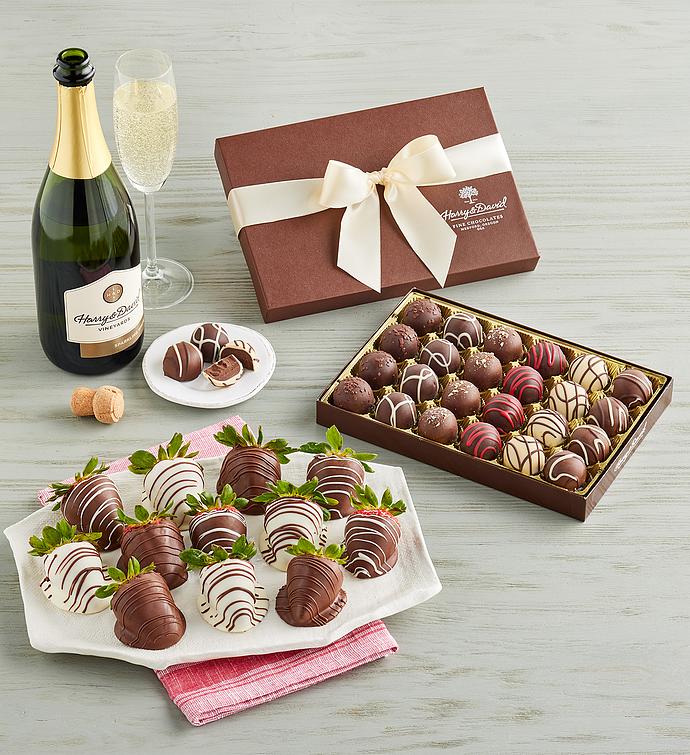Gourmet Drizzled Strawberriesâ„¢, Chocolate Truffles, and Sparkling White Wine