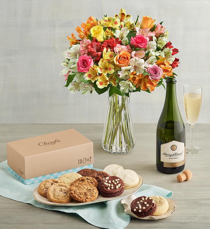 Assorted Roses & Peruvian Lilies, Cheryl’s® Cookies, and Wine