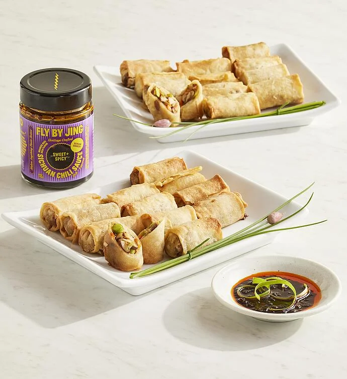 Asian Spring Roll Appetizer Assortment with Fly By Jing Sweet + Spicy Sichuan Chili Sauce
