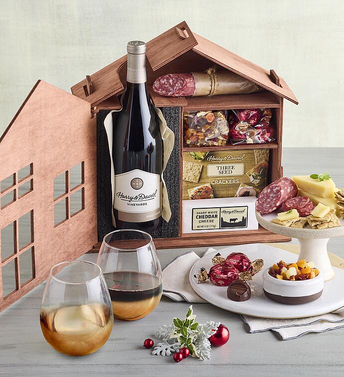 Holiday Wooden House Gift with Wine