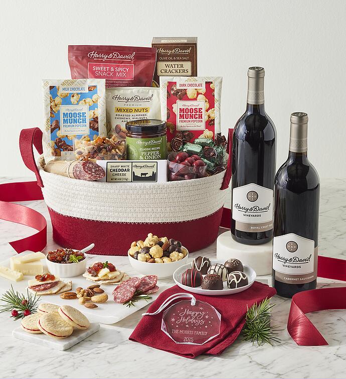 Season’s Best Snack Gift Basket with Personalized Ornament and Wine - 2 Bottles