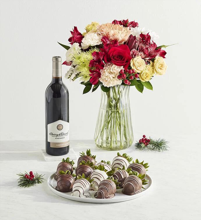 Frosted Gingerbread Bouquet, Gourmet Drizzled Strawberriesâ„¢, and Wine