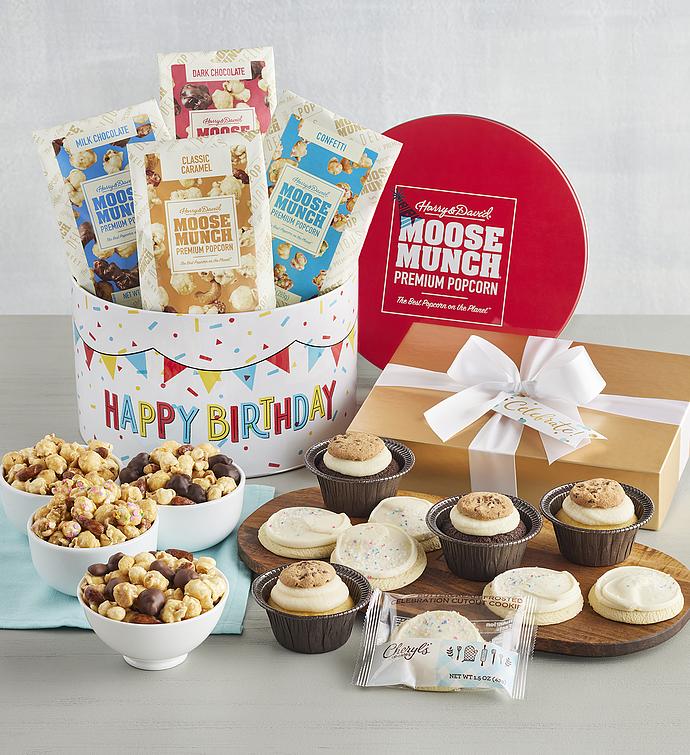 Moose Munch® Premium Popcorn Birthday Tin with Cheryl’s® Celebrate Cupcakes & Cookies