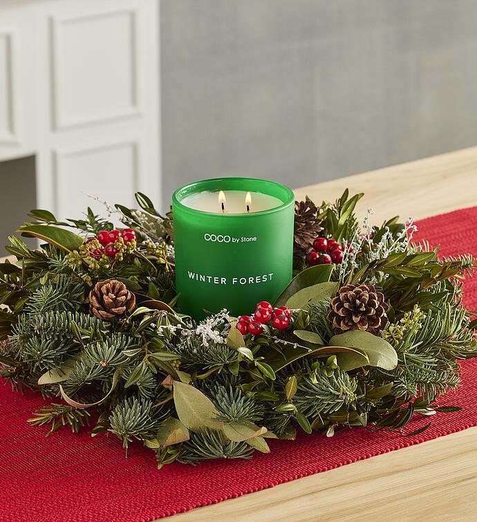 Evergreen Magnolia and Winter Forest Candle Centerpiece
