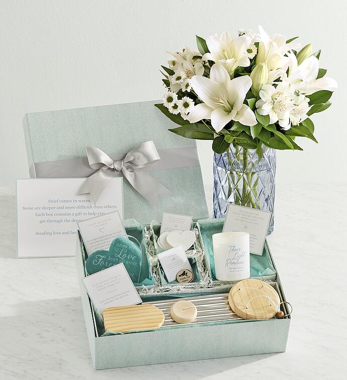 Waves of Grief Sympathy Gift with White Lily Bouquet