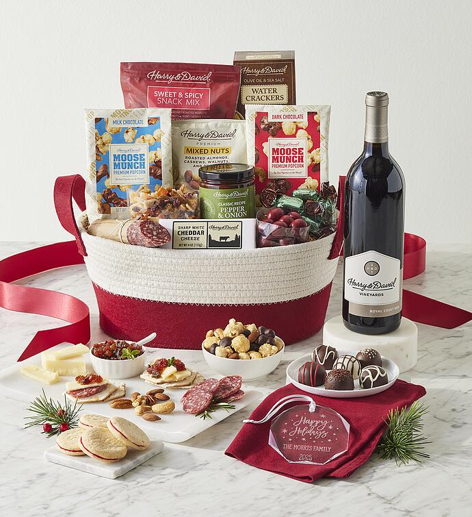 Season’s Best Snack Gift Basket with Personalized Ornament and Wine