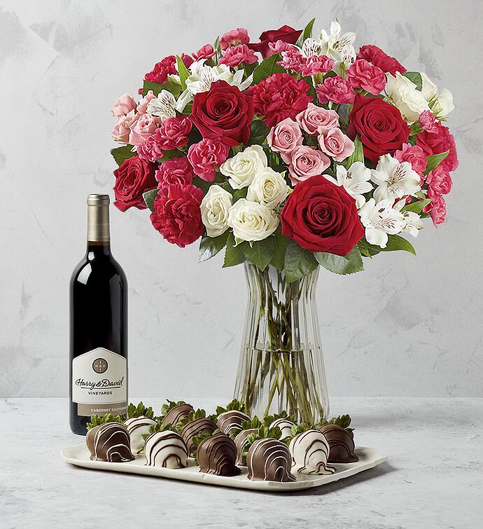 Deliciously Decadent Precious Love Bouquet, Strawberries, and Wine